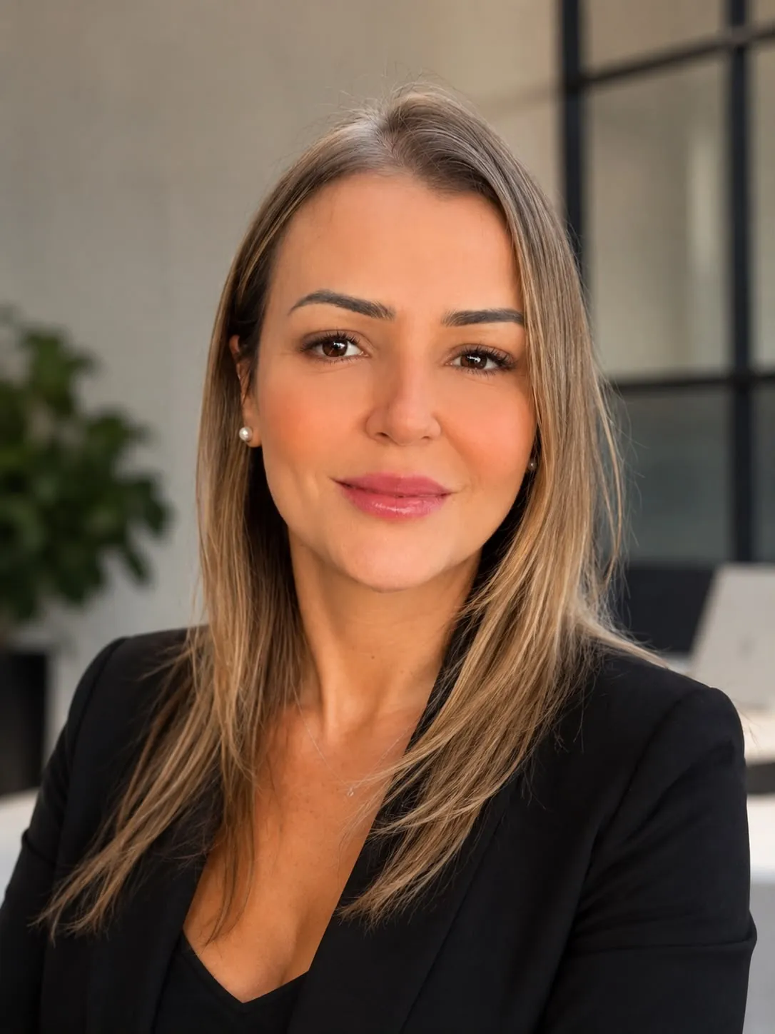 Luciana Varandas em seu escritório, de blazer preto
